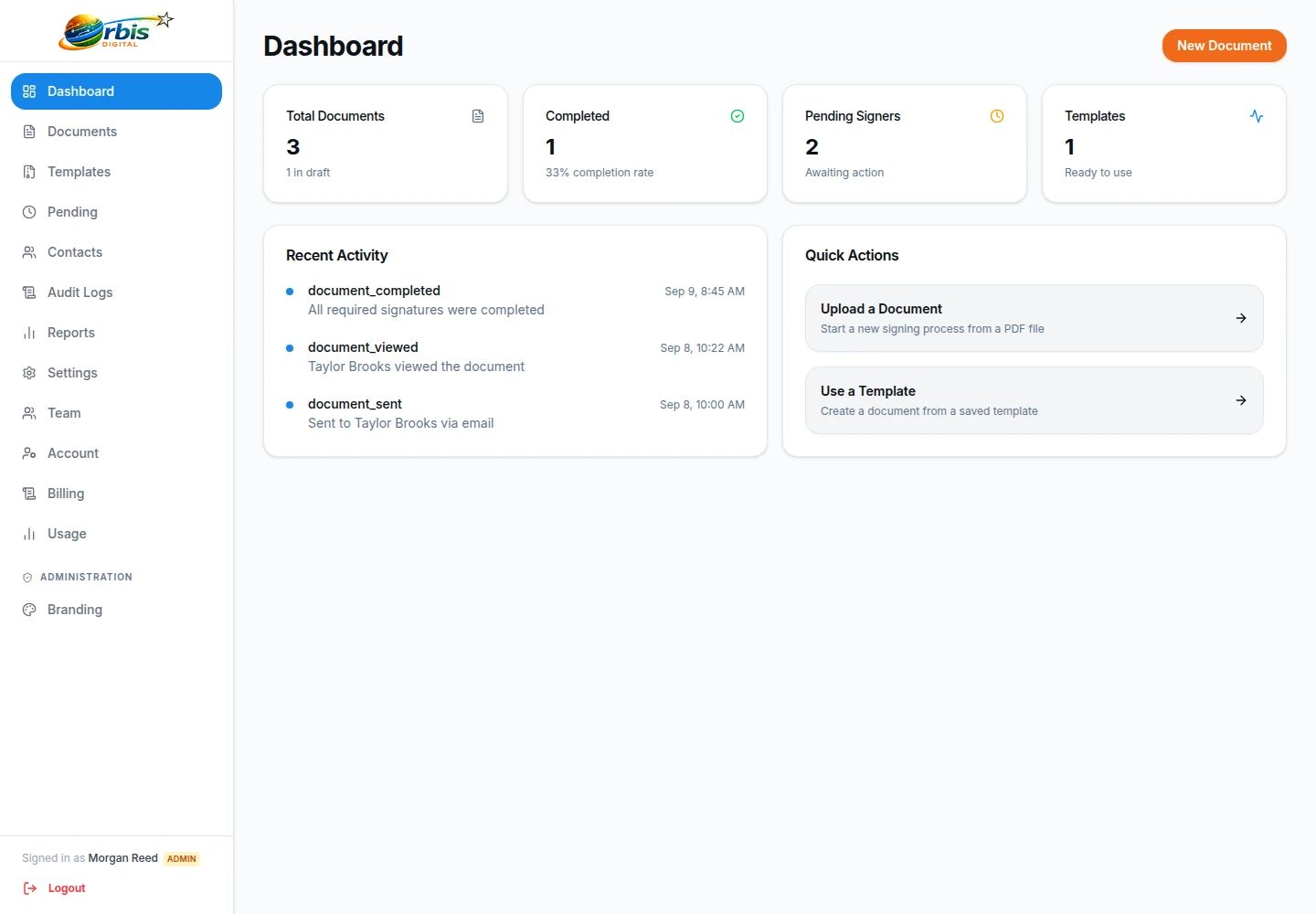 Workspace overview showing pending and completed documents